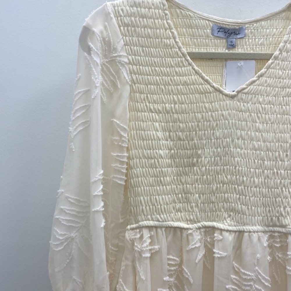 Cream Smocked V-Neck Midi Dress - Picture 2 of 7